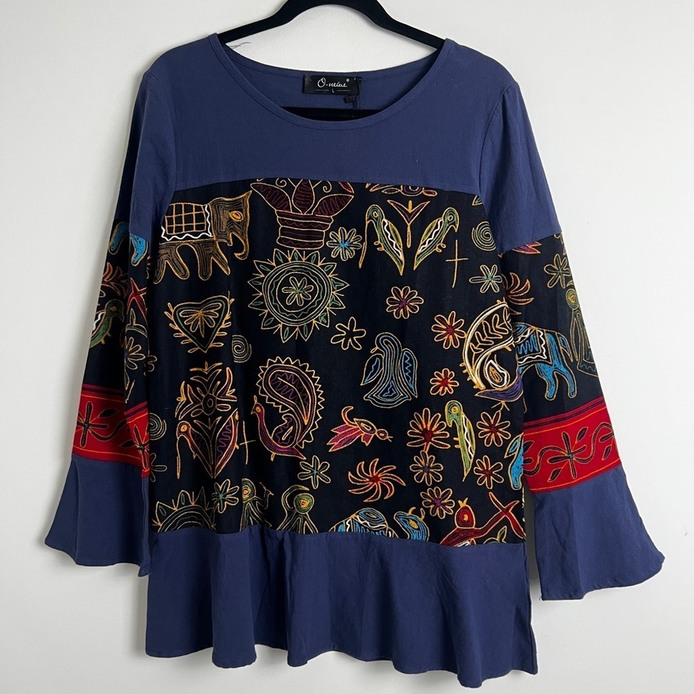 NEW Oneine New Elegance Blue Egyptian‎ Print Artsy Boho 100% Cotton Blouse Top L